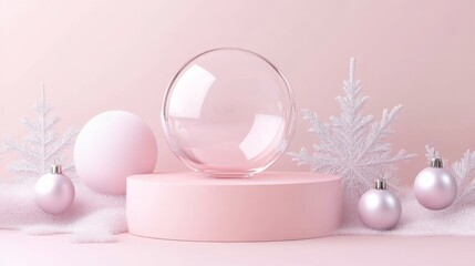 Fototapete - A large, clear glass sphere rests on top of a pink, circular platform. The platform sits on a light pink surface. To the left and right of the platform are white, feathery branches.