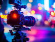 © AbsoluteAi - Camera on tripod with vibrant night city lights in the blurry background, dynamic scene.