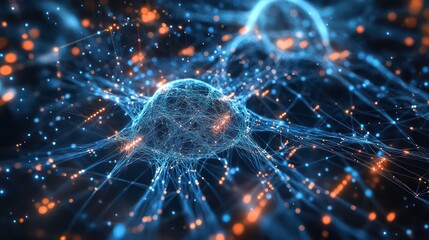 Poster - Abstract digital rendering of a neural network with glowing lines and points.