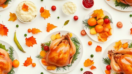 Poster - Playful roasted turkeys on plates, surrounded by mini side dishes like cranberry sauce, mashed potatoes, and vegetables, soft sunlight and vibrant fall colors creating a seamless Thanksgiving design.