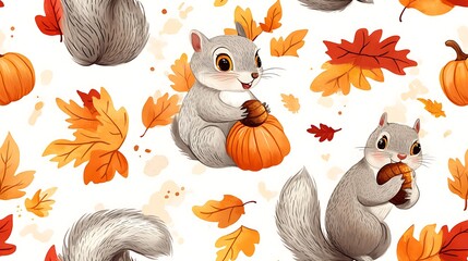 Poster - Playful squirrels clutching acorns, surrounded by bright autumn leaves and mini pumpkins, soft sunlight filtering through, vibrant fall colors and happy expressions,