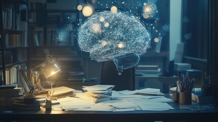 Poster - A 3D rendering of a human brain floating above a cluttered desk with books, a lamp, and papers.
