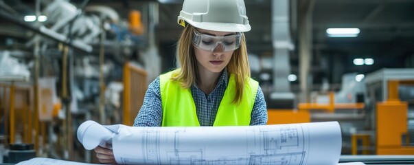 Female engineer in a hard hat and safety vest, carefully reviewing blueprints in an industrial environment, factory engineering, focused and professional