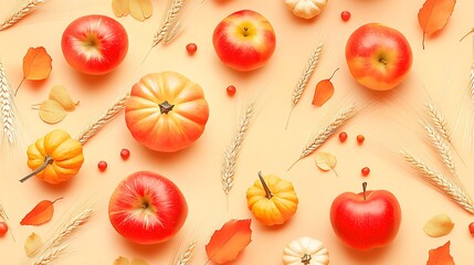 Poster - Playful wheat bundles, apples, and pumpkins in cute arrangements, vibrant fall colors of orange, red, and yellow,