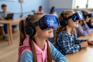 Poster - Students using holographic textbooks, with digital content floating in the air