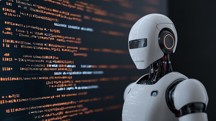 Robot with code backdrop, high-tech concept
