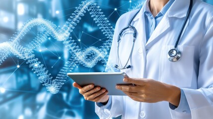 Poster - A woman in a white lab coat is holding a tablet