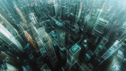 Poster - An aerial view of a futuristic city with glowing lines and digital numbers.