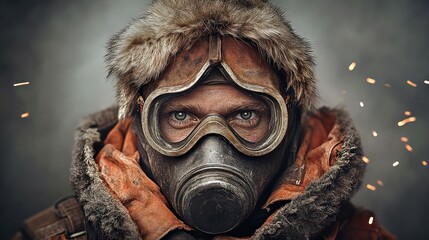 A man wearing a gas mask and a fur hat