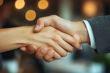 A close-up handshake between a male and a female in a professional setting.