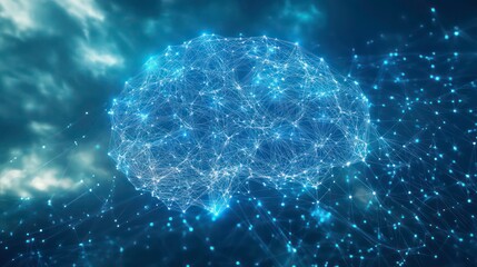 Poster - a glowing digital brain made of connected lines and dots against a blue background.
