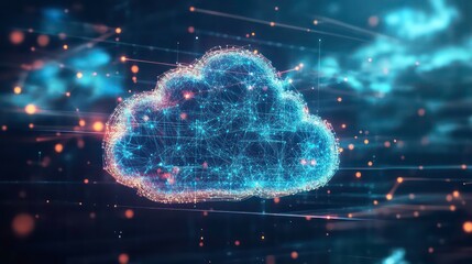 Poster - Abstract cloud computing concept with glowing lines and particles.