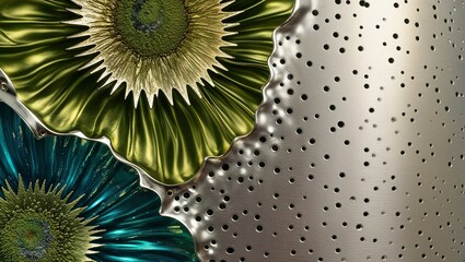 Poster - Abstract metal flower with green and teal accents.