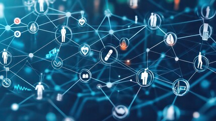 Poster - Abstract digital network with medical icons and symbols representing healthcare, technology, and connection.