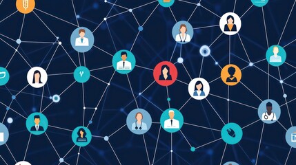 Poster - Abstract network of connected healthcare professionals represented by icons.