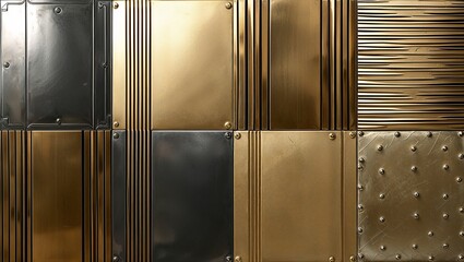 Poster - Metallic wall panels with a variety of textures and patterns, in gold and silver.