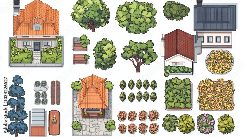 A set of landscape design elements in top view, including houses ...