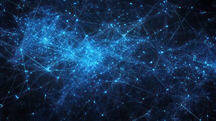 Poster - Abstract blue network of glowing lines and dots on a black background.