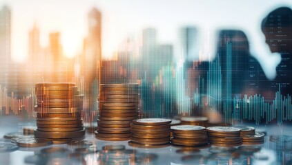 Poster - Pile of Coins with Financial Graph Overlay in Cityscape