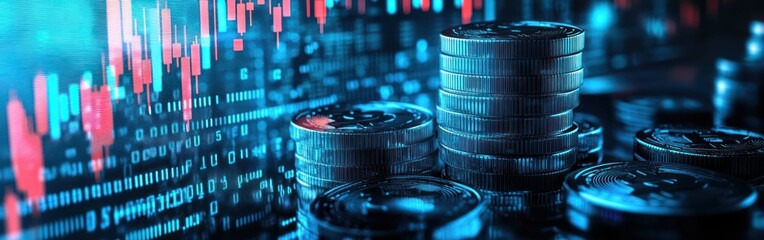 Poster - Stacked Coins with Financial Graph on Digital Display