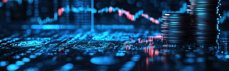 Poster - Stacks of Coins and Stock Market Chart in Digital Space