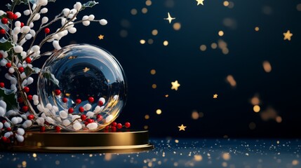 Poster - A beautiful snow globe sits on a golden base, filled with red berries and surrounded by festive decorations. Sparkling stars gently fall in the background, creating a magical holiday atmosphere.