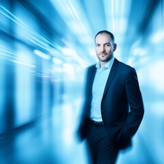 a confident man in a suit stands amidst a blue, blurred background.