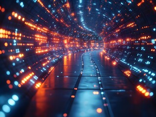 Poster - Vibrant digital environment with dynamic luminous and geometric elements suitable for depicting audiovisual simulations data visualization holographic displays and other immersive user experiences