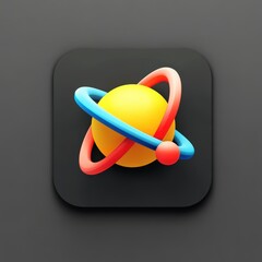 Illustration of an atom with colorful orbiting electrons on a sleek background. 3d model mobile application icons