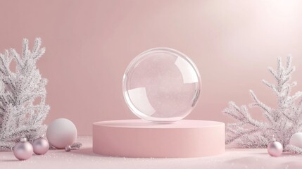 Aufkleber - A transparent sphere rests atop a pink cylindrical platform. The sphere is positioned in the center of the image, with a pink background and frosted branches on either side.