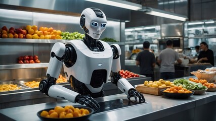 A fruit-selling robot stands behind a colorful counter, showcasing an array of fresh fruits, blending technology with a vibrant marketplace atmosphere