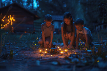 family of four celebrating a special occasion with a drone light show in their backyard