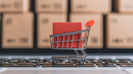 Shopping cart, red block, keyboard background