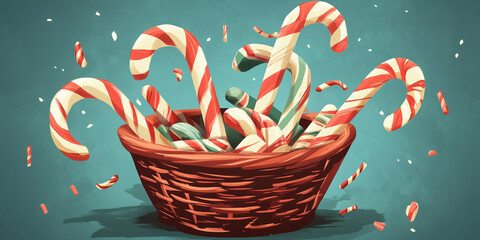 Poster - Basket of candy canes in various sizes, illustration art