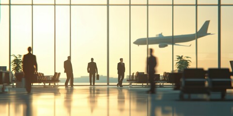 a group of business people walking in an airport terminal, with some chairs and tables visible Generative AI