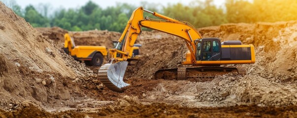 Two excavation machines work together on a construction site, digging into the earth amidst a natural landscape.