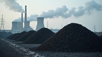 Industrial coal piles with smoking stacks in background