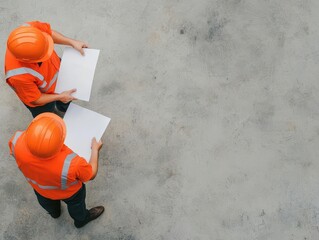 Two engineers discussing blueprint details onsite, concept of collaboration and teamwork in building industry