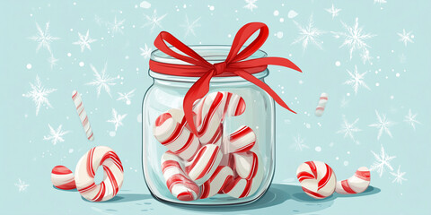 Wall Mural - Peppermint sticks in a glass jar with a ribbon, illustration art