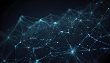 A complex network of interconnected nodes and lines against a dark background, representing the concept of data, technology, or communication