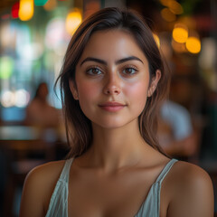 A young Mexican woman with long dark hair smiles at the camera while working in a restaurant