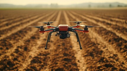 Poster - A drone hovers above meticulously aligned furrows of plowed soil in the fields. The golden hour casts a warm light, enhancing the agricultural landscape.