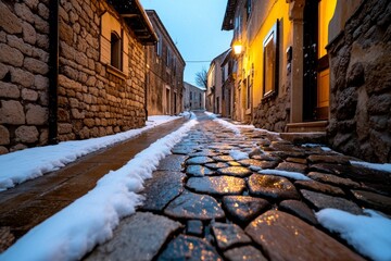 Aufkleber - The historic alleys of Modica at night, with snow gently falling and warm light spilling from windows