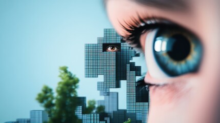 Wall Mural - A surreal cityscape composed of buildings made of data, with a single, isolated building appearing to be a giant eye, symbolizing the ever present nature of surveillance.