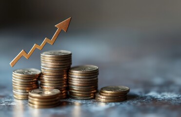Poster - Growing Stack of Coins with Upward Arrow Symbolizing Financial Success