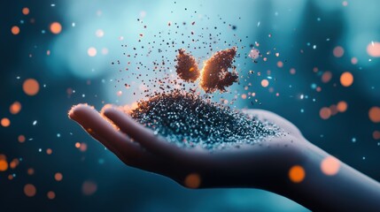 A person imagination takes flight, transforming into a surreal landscape of code and digital particles, where ideas become tangible and possibilities endless.