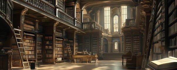 Poster - Ornate library with bookshelves, ladders, and an open book.