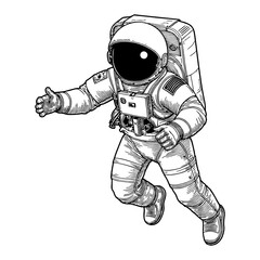 astronaut in floating pose with helmet in black and white outline line art drawing style