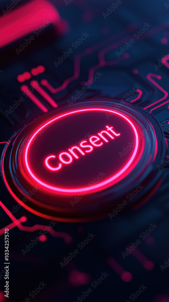 Glowing consent button on circuit board, symbolizing digital agreement ...