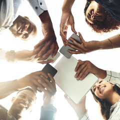 Poster - Employees, hands and tech for meeting in huddle, campaign project and research media trend. Staff, low angle and office for feedback on audience engagement, online and connect for news in circle